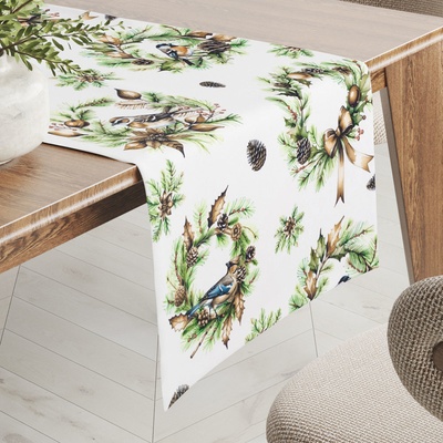 Biante Teflonový běhoun TF-103 Vánoční věnce s ptáčky na bílém 20x160 cm