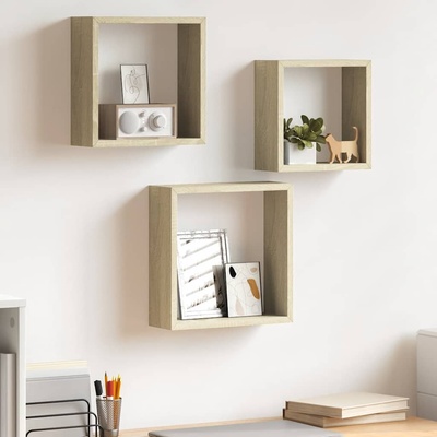 vidaXL Стенни кубични рафтове, 3 бр, дъб сонома, 26x15x26 см (326719)