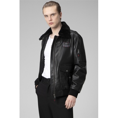 Jacket Club Мъжко яке от естествена кожа с яка от каракул - Черно #359181 (359181_Черно)