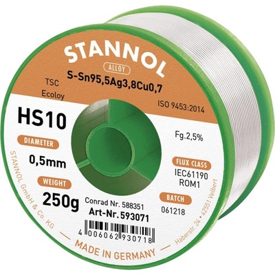 Stannol HS10 2510 spájkovací cín bez olova cievka Sn95,5Ag3,8Cu0,7 ROM1 250 g 0.5 mm