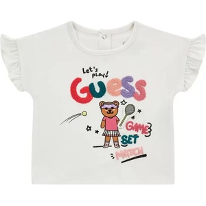 GUESS Къса тениска в бяло с бродирани детайли и цветни надписи Guess