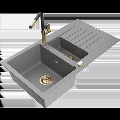 Matias мивка гранитна 1, 5-камерна с дренаж и кухненски смесител Flora, сив - 6502-71-670401-57-G (6502-71-670401-57-G)