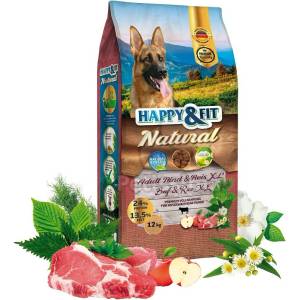 Happy&Fit Natural Adult XL суха храна за кучета - говеждо, ориз 12 кг