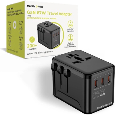 Захранване с 3xUSB-C и 1xUSB-A изхода и преходници за цял свят в едно устройство за мобилни устройства - Mobile Origin PW5 Multifunctional Travel Wall Charger GaN 67W (черен) (MO-TRA67-PW5)