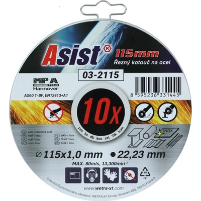 Asist Sada řezných kotoučů ocel/INOX 115 x 1mm, 10ks v plechovém boxu 03-2115