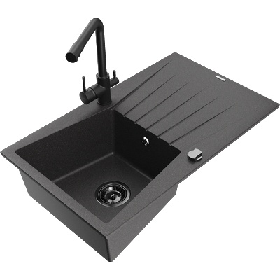 Mexen Cesar гранитна кухненска мивка с 1 корито, сушилник и кухненски смесител Duero, черен на пръски - 6514-76-671600-70-B (6514-76-671600-70-B)