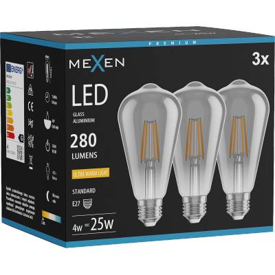 Mexen Vintis 3x LED филамент крушка E27, ST64, 4W, Топла - 2200K, 300 lm, дым - L152-E27-0422-70x03 (L152-E27-0422-70x03)