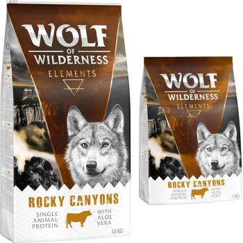 Wolf of Wilderness 12 + 2 подарък! 14 кг Wolf of Wilderness суха храна - Elements Rocky Canyons с говеждо