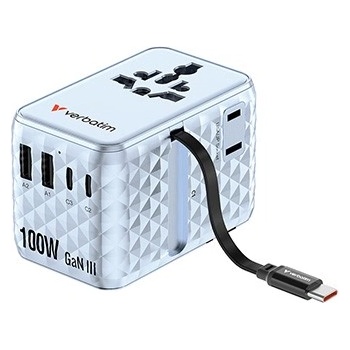 Verbatim 30192, Универсален адаптер за пътуване Charge , n, Travel 2x USB-C, 2X USB-A + 1x интегриран кабел USB-C, син 100 W (30192)
