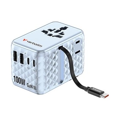 Verbatim 30192, Универсален адаптер за пътуване Charge , n, Travel 2x USB-C, 2X USB-A + 1x интегриран кабел USB-C, син 100 W (30192)