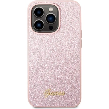 GUESS Glitter Flakes Metal Logo Case - хибриден удароустойчив кейс за iPhone 14 Pro (розов)