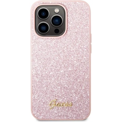GUESS Glitter Flakes Metal Logo Case - хибриден удароустойчив кейс за iPhone 14 Pro (розов)