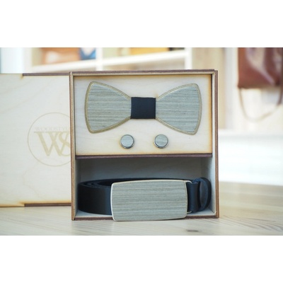 Wood Style Set Kulatý Šedé hedvábí opasek motýlek a manžetové knoflíčky černá