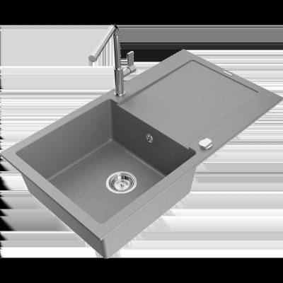 Leo гранитна кухненска мивка с 1 корито с отцедник и кухненски смесител Flora, сив - 6501-71-670401-00 (6501-71-670401-00)