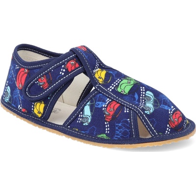Barefoot papučky Baby bare s prierezmi navy cars modré