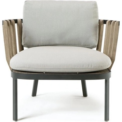 Ethimo Klubové nízké křeslo Swing, rám lakovaný hliník Olive Green, mořené teakové dřevo, bez polstrů