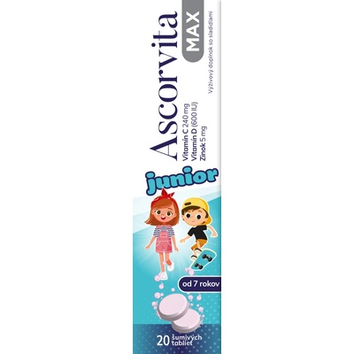 Ascorvita Max Junior šumivé tablety pre deti od 7 rokov vitamín C, D a zinok 20 ks