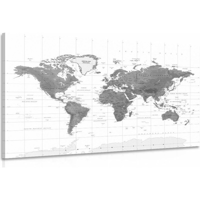 Obraz nádherná mapa sveta v čiernobielom prevedení