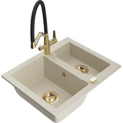 Mexen Carlos кухненска мивка гранитна 1, 5-комплект с кухненски смесител Duo, бежов - 6518-69-671701-57-G (6518-69-671701-57-G)
