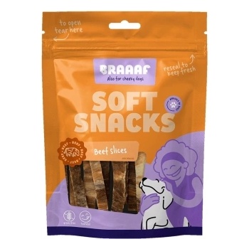 Braaaf Braaf - Лакомство за кучета, меки и вкусни ленти от телешко месо и риба, 85 гр