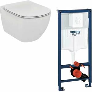 GROHE Тоалетна чиния Ideal Standard Tesi AquaBlade с капак с плавно затваряне и казанче Grohe с бяла клапа Skate Air (T352701+T007901+38722001)