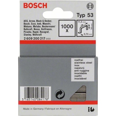 Fine wire staple, type 53 11,4 x 0,74 x 14 mm 1000 ks Bosch Accessories 2609200217 Rozmery (d x š) 14 mm x 11.4 mm; 2609200217