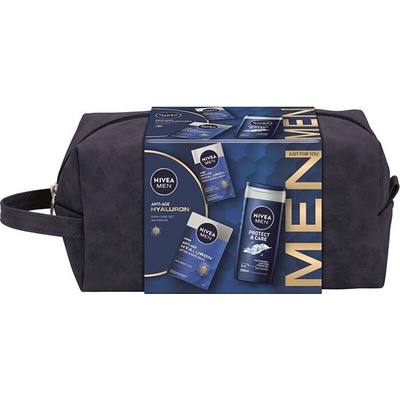 Nivea Men Hyaluron Anti-Age Skin Care Set sada balzám po holení Men Hyaluron 100 ml + denní pleťový krém Men Hyaluron 50 ml + sprchový gel Protect & Care 250 ml + kosmetická taštička