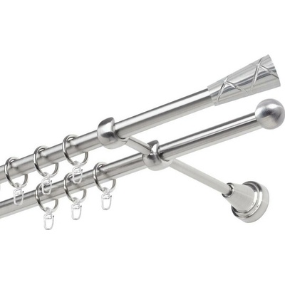 OK-GarnýžeCZ Garnýž kovová dvouřadá 19mm Trapezium nerez 230 cm do stěny / kroužky s háčkem
