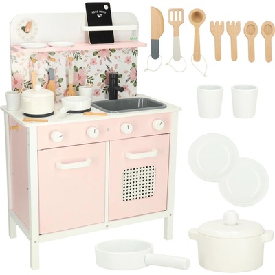 KIK DĚTSKÁ DŘEVĚNÁ KUCHYŇKA MDF LULILO FLORO S DOPLŇKY RŮŽOVÁ 82CM KX3832