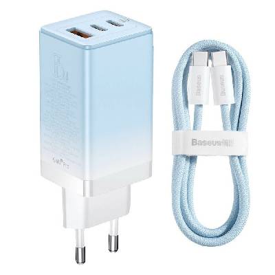 Зарядно устройство Baseus GaN 3 Pro Fast Laptop Charger (CCGP050103), от контакт към 2x USB-C(ж); 1x USB-A(ж), USB-C(м) към USB-C(м) кабел, синьо-бяло (CCGP050103)