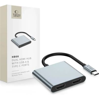 Tech-Protect HB08 HUB ADAPTER 4IN1 TYPE-C + USB2.0 + 2 x HDMI 4K 60HZ космическо сиво
