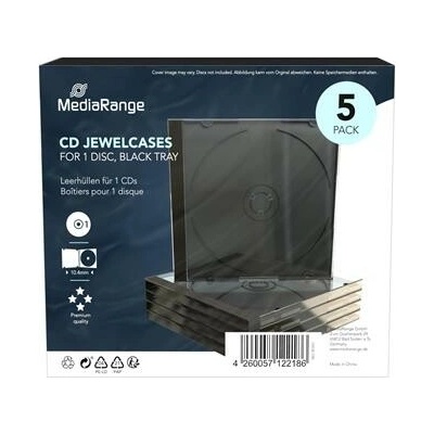 MediaRange CD obal pre 1 disk, 10.4mm, transparentný s čiernym trayom, balenie 5ks