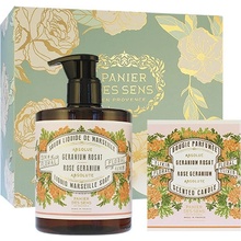 Panier Des Sens Rose Geranium tekuté mydlo 500 ml + vonná sviečka 180 g darčeková sada