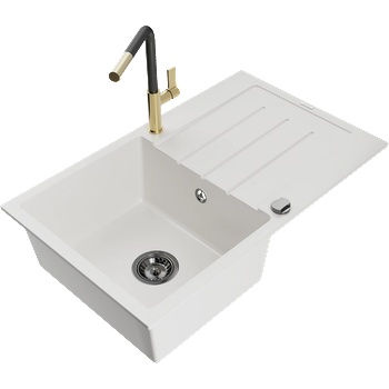 Mexen Bruno гранитна мивка 1-камерна с отцедник и кухненски смесител Flora, бял - 6513-20-670401-57-B (6513-20-670401-57-B)