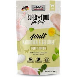 MAC's Mac’s Cat Adult GRAIN FREE, пауч за пораснали котки, БЕЗ ЗЪРНО, с Заешко и птиче месо, Глухарче и билков микс, 100 гр - Германия - 854VE