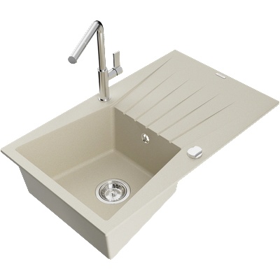 Mexen Cesar кухненска мивка от гранит с 1 камера с отцеждач и кухненски смесител Flora, бежов - 6514-69-670401-00 (6514-69-670401-00)