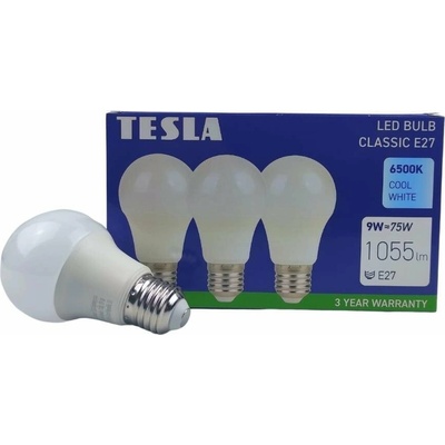 Tesla LED žiarovka - LED žiarovka BULB E27, 9W, 230V, 1055lm, 25 000h, 6500K studená biela, 220st 3ks v balení BL270965-3PACK