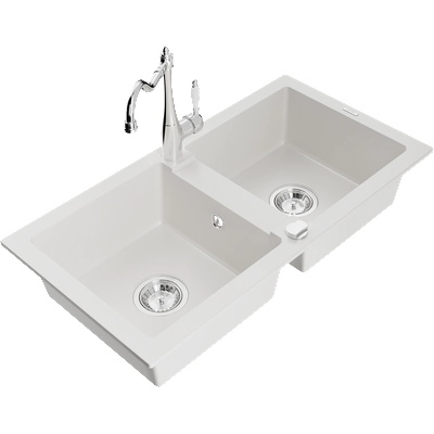Mexen Mario гранитна мивка с 2 камери и кухненски смесител Carla, бял - 6504-20-670700-00 (6504-20-670700-00)