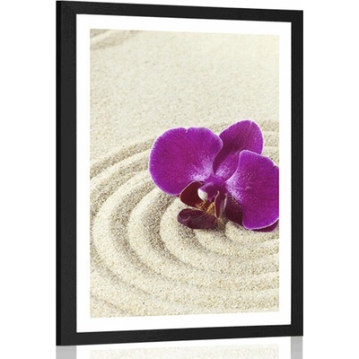 Plakát s paspartou písčitá Zen zahrada s fialovou orchidejí - 60x90 white