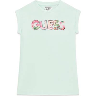 Guess Памучна ментова рокля за мини момиче с надпис Guess с пайети
