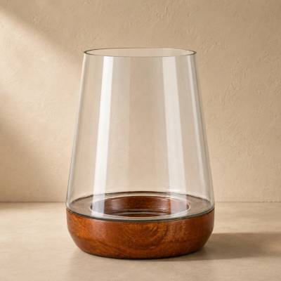 Home Styling Collection Lampion s dřevěným podstavcem, 20 cm transparentní