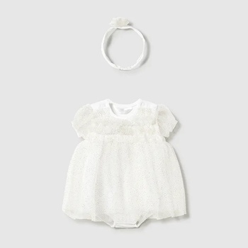 Mayoral Рокля-гащеризон тюл с лента за глава цвете в цвят шампанско за бебе момиче Майорал