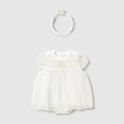 Mayoral Рокля-гащеризон тюл с лента за глава цвете в цвят шампанско за бебе момиче Майорал