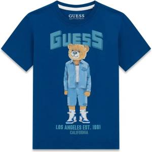 GUESS Синя тениска за момче с цветно мече и син надпис Guess