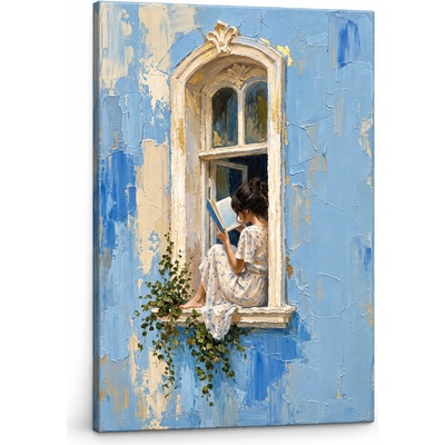 Papilora Obraz ženy čítajúcej knihu v okne na plátne – s ručne maľovanými detailmi - 60x90 cm