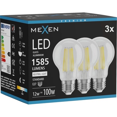 Mexen Vintis 3x LED филамент крушка E27, A60, 12W, Неутрална - 4000K, 1585 lm, прозрачно (L150-E27-1240-00x03)