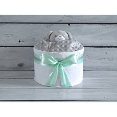 TortaNEtorta Mini plienková torta s uspávacím medvedíkom Mint stuha a neutrálna náplň Korpus plienkovej torty: Tetra plienka Bábätko sa narodilo a má asi mesiac