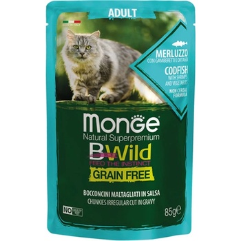 Monge Natural Superpremium BWild Grain Free Adult Cat Codfish with shrimps and vegetables - пауч на хапки в сос за котки в зряла въраст, БЕЗ ЗЪРНО, с риба треска, скариди и зеленчуци - 85 гр, Италия - 2768