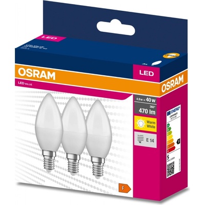 Osram 3PAK LED žiarovka E14 B35 4,9W 40W 470lm 3000K Warm 220° VALUE