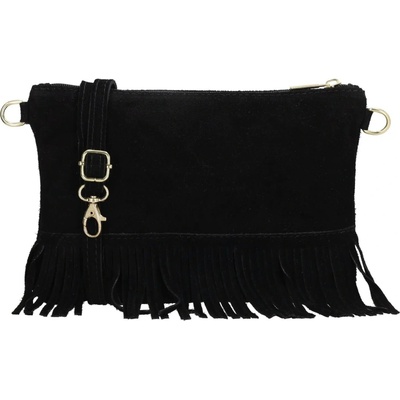 Čierna strapcová kožená crossbody kabelka "Carrie"